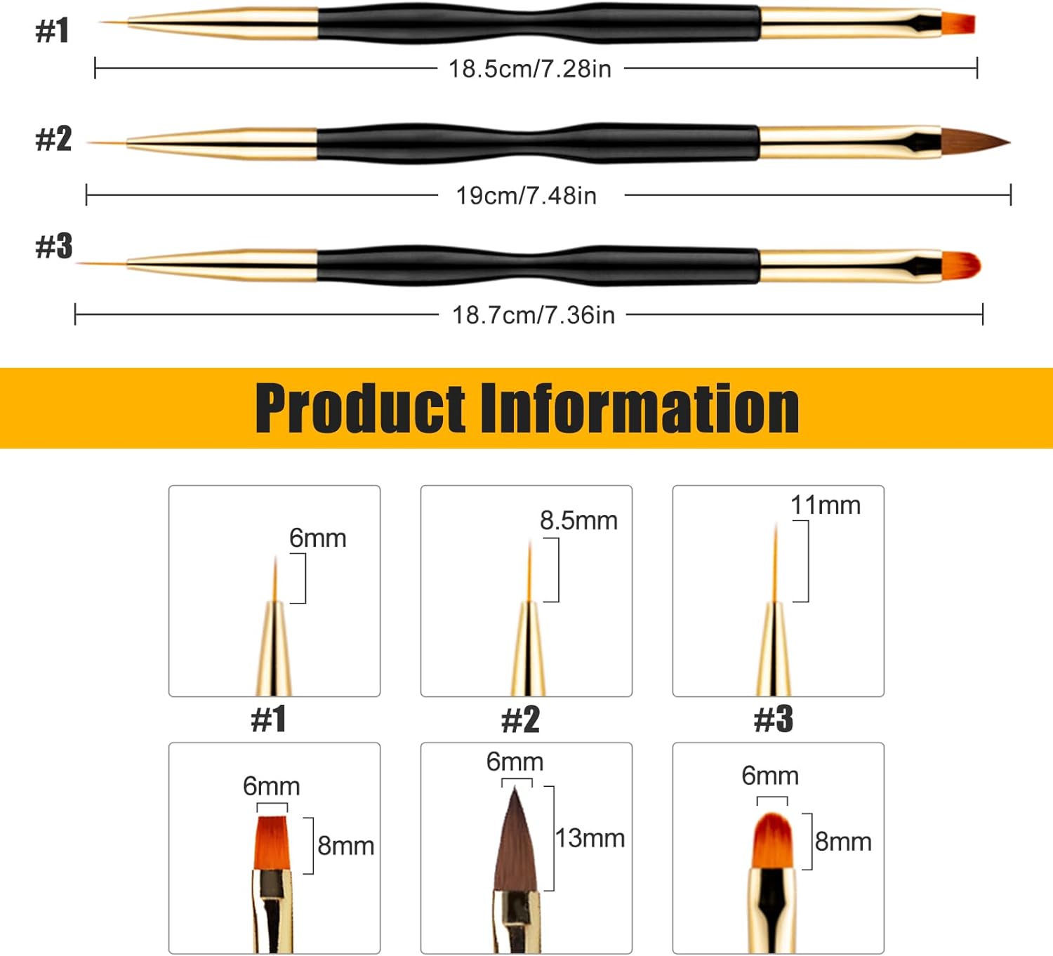 3'Lü Siyah Nail Art Çift Taraflı Fırça Seti