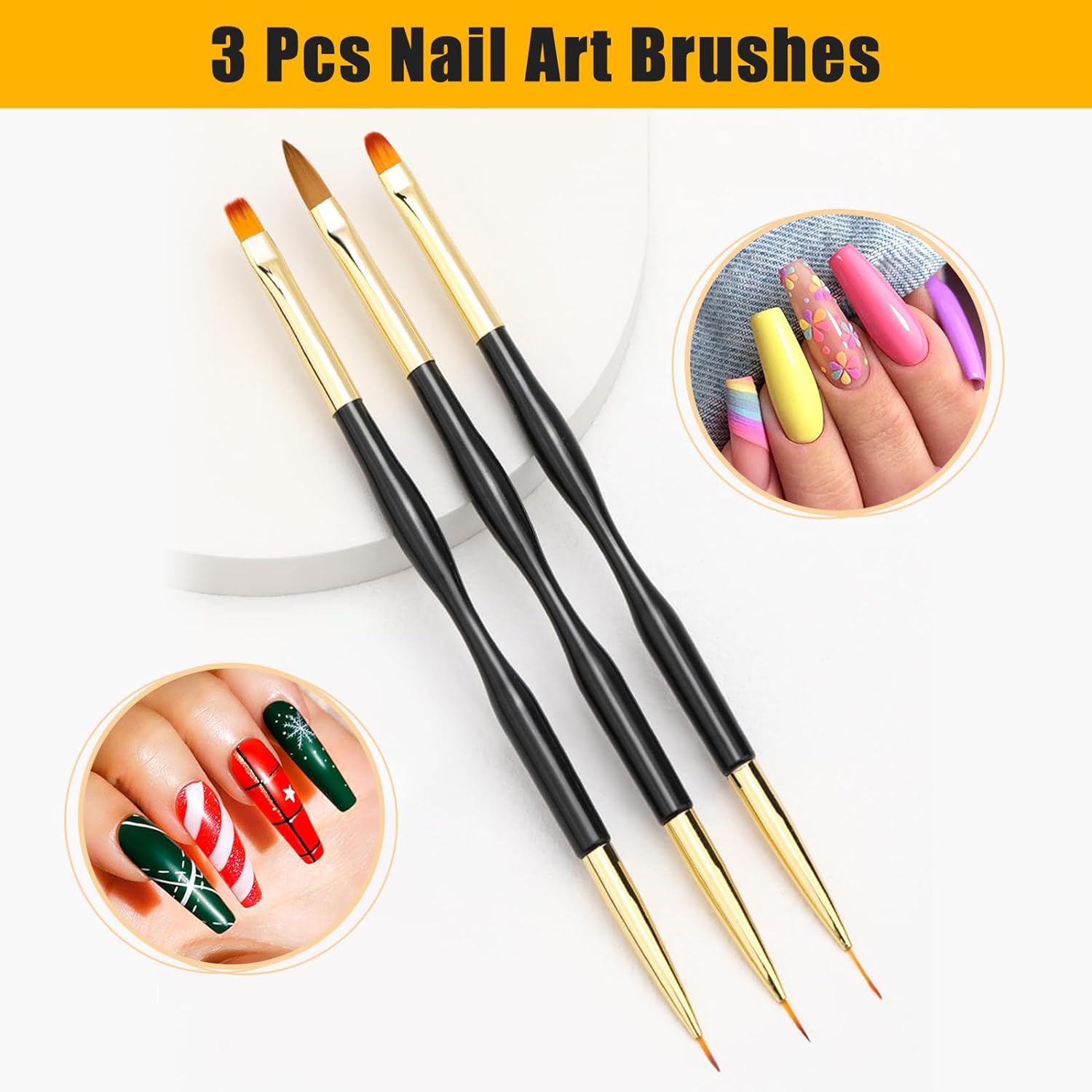 3'Lü Siyah Nail Art Çift Taraflı Fırça Seti