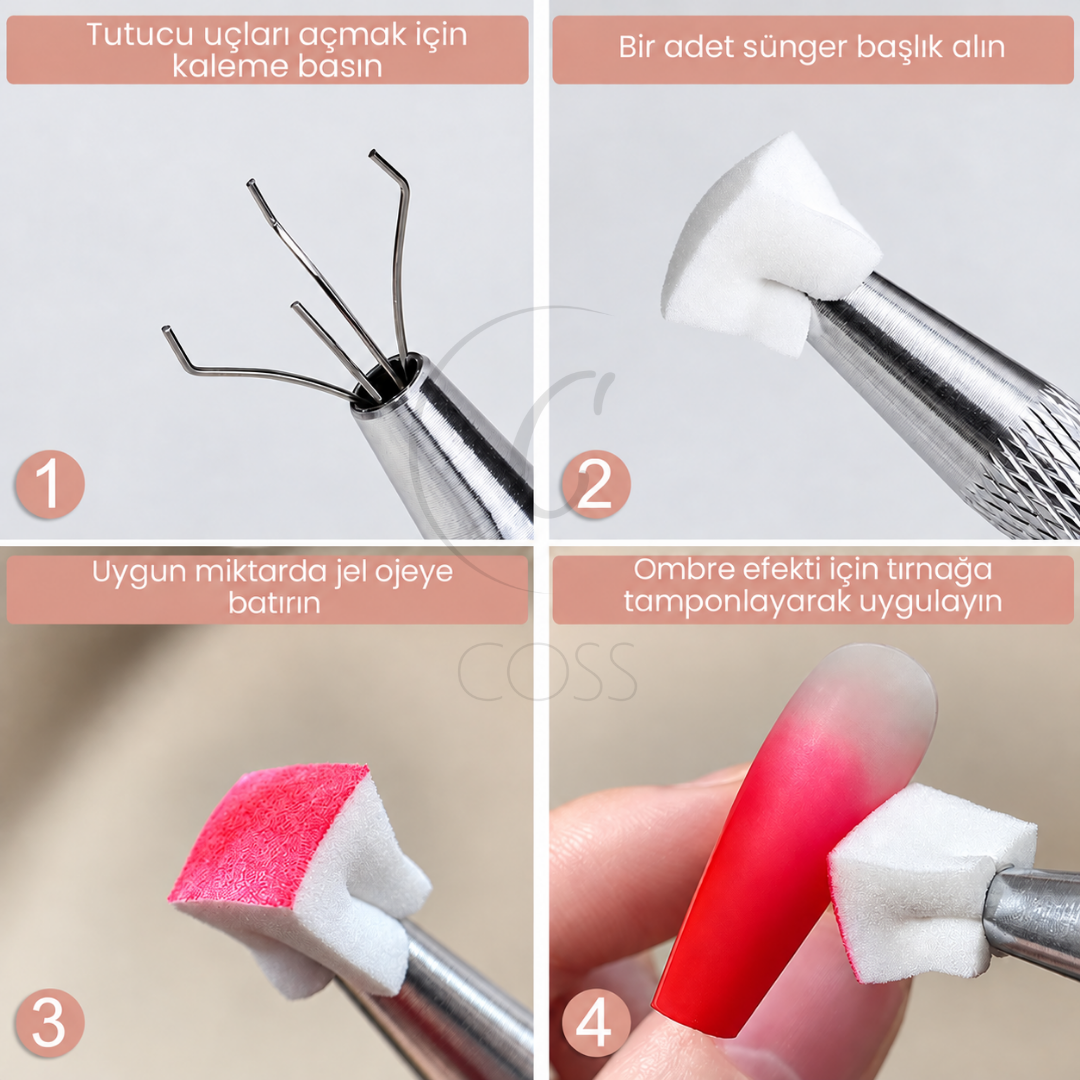 Nail Art Ombre Sünger Seti + Ahtapot Tutucu Kalem