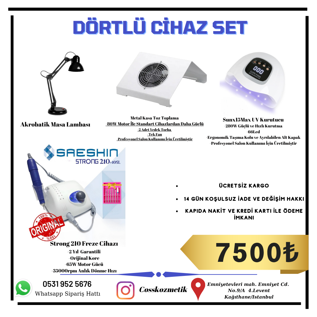 Profesyonel Protez Tırnak Salon Cihaz Seti - Strong210 Freze, Sunx15max Uv, 1 Fanlı Toz Toplama, Masa Lambası