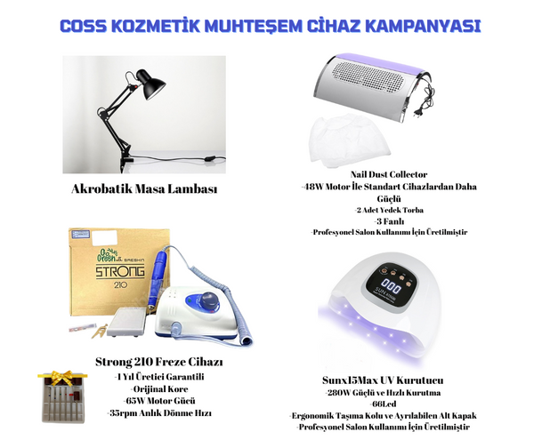 Profesyonel Protez Tırnak Salon Cihaz Seti - Strong210 Freze, Sunx15max Uv, 3 Fanlı Toz Toplama, Masa Lambası