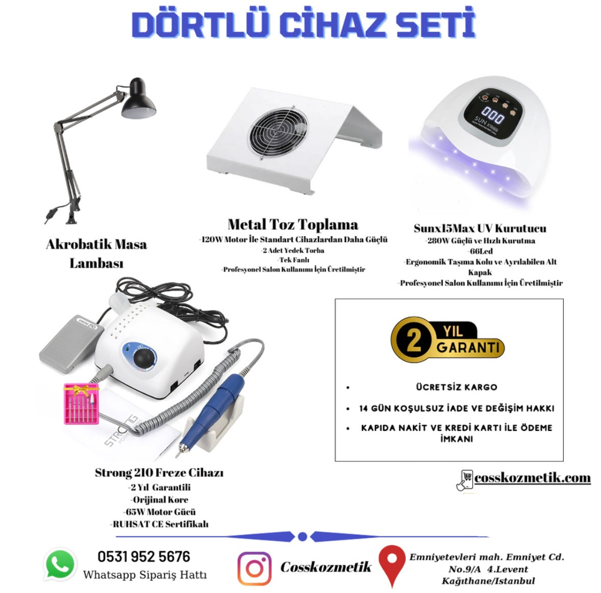 Profesyonel Protez Tırnak Salon Cihaz Seti - Strong210 Freze, Sunx15max Uv, 1 Fanlı Toz Toplama, Masa Lambası