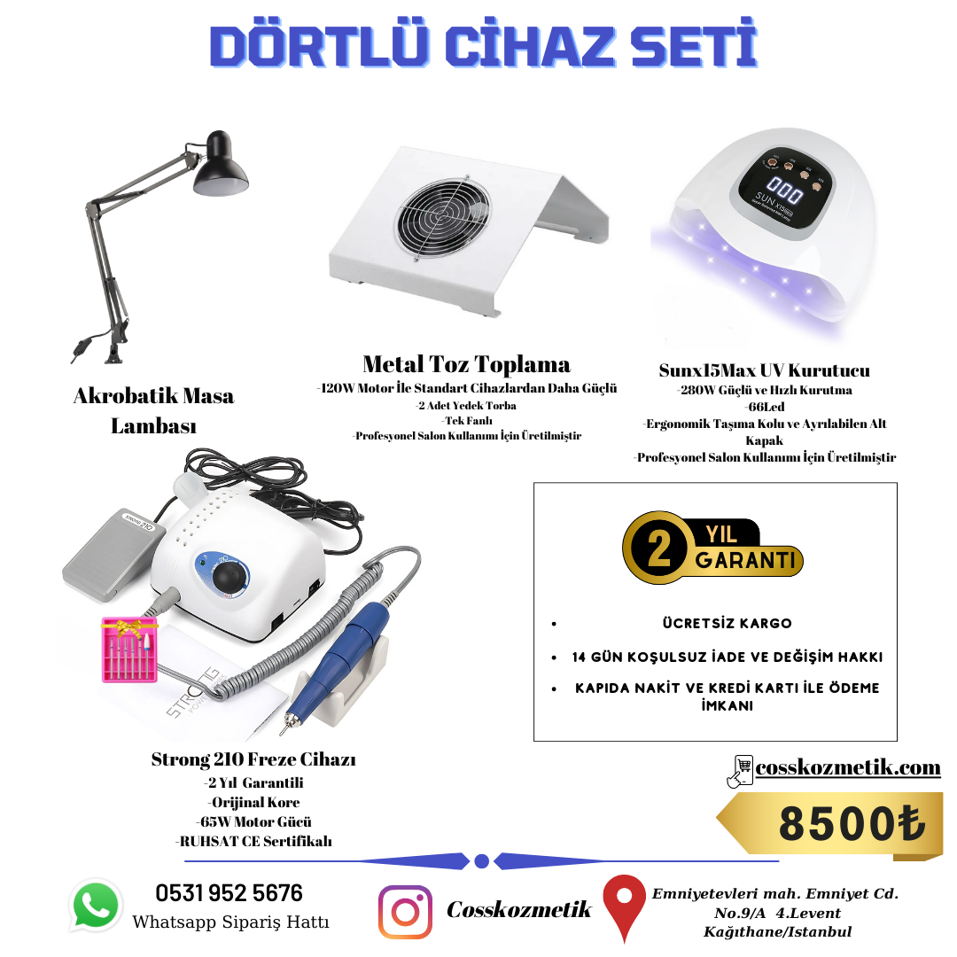 Profesyonel Protez Tırnak Salon Cihaz Seti - Strong210 Freze, Sunx15max Uv, 1 Fanlı Toz Toplama, Masa Lambası