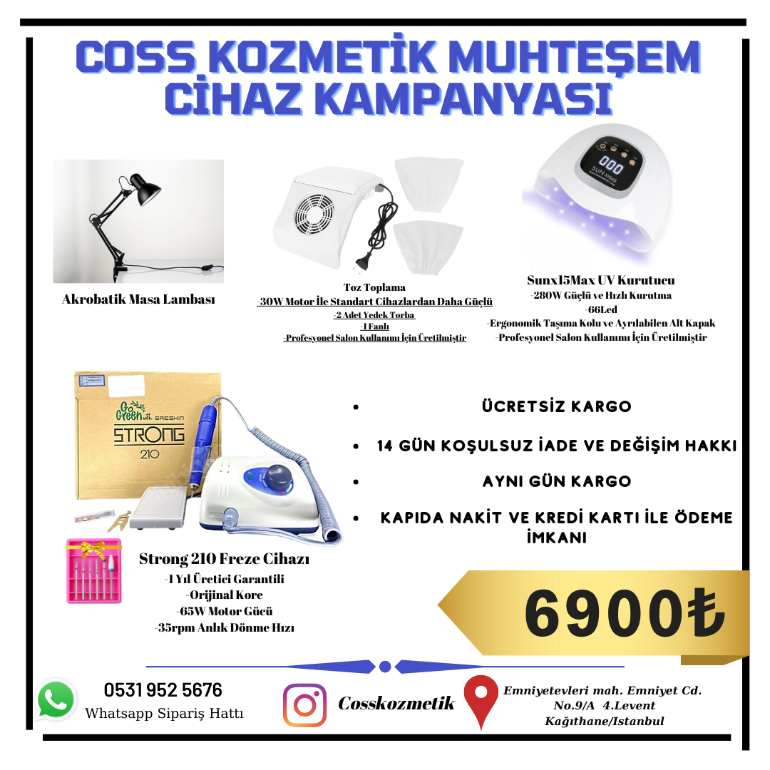 Profesyonel Protez Tırnak Salon Cihaz Seti - Strong210 Freze, Sunx15max Uv, 1 Fanlı Toz Toplama, Masa Lambası